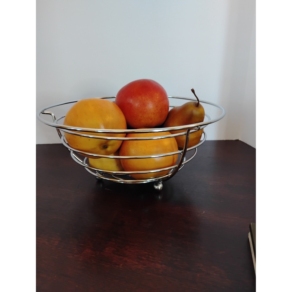 Modern Chrome Wire Fruit Bowl Silver‎ Metal Round Basket Centerpiece 11 Inch